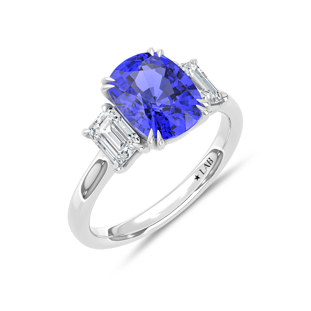 14K White Gold Lab Grown Diamond 4 Ct.Tw. Cushion Shape Recrystalized Blue Sapphire Engagement Ring (Center 3 ct)