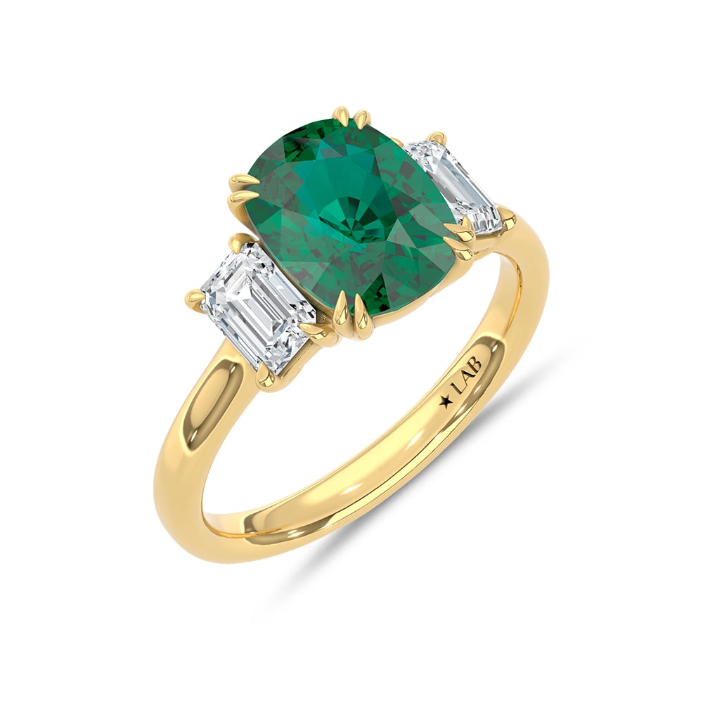 14K Yellow Gold Lab Grown Diamond 3 Ct.Tw. Oval Shape Recrystalized Emerald Engagement Ring (Center 2 ct)