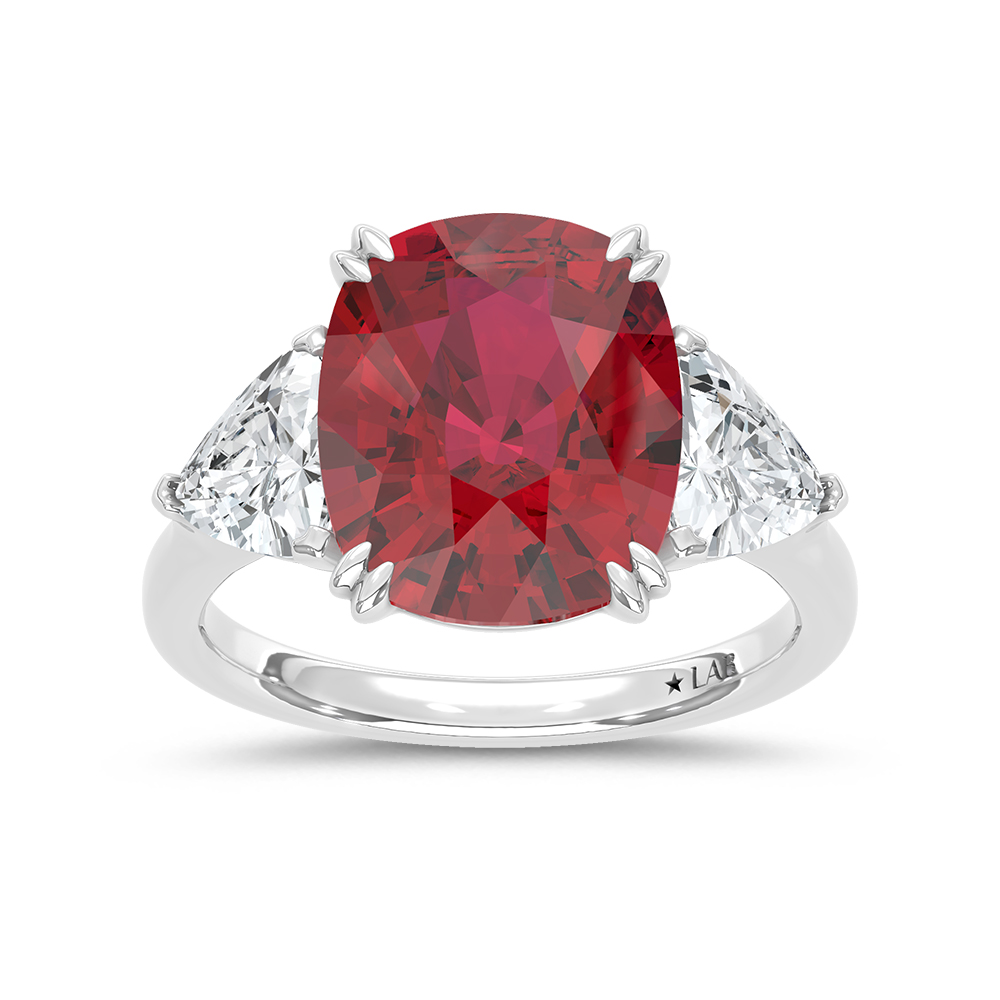 14K White Gold Lab Grown Diamond 10 1/5 Ct.Tw. Cushion Shape Recrystalized Ruby Engagement Ring (Center 8 3/8 ct)