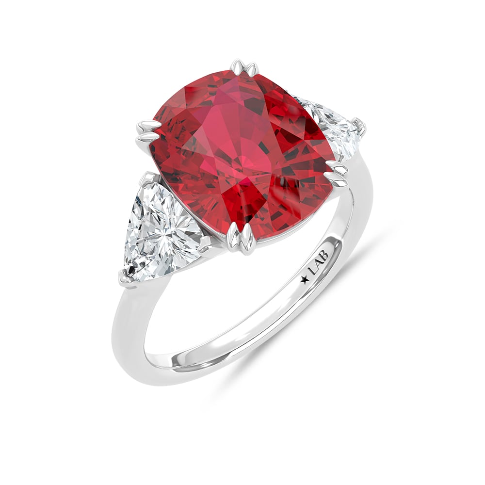 14K White Gold Lab Grown Diamond 10 1/5 Ct.Tw. Cushion Shape Recrystalized Ruby Engagement Ring (Center 8 3/8 ct)