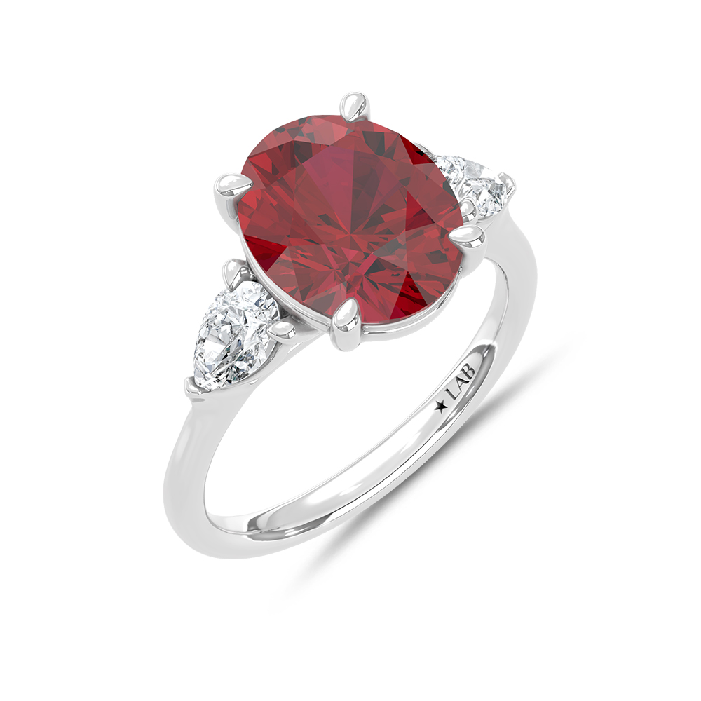 14K White Gold Lab Grown Diamond 5 5/8 Ct.Tw. Cushion Shape Recrystalized Ruby Engagement Ring (Center 5 ct)