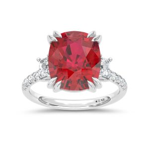 14K White Gold Lab Grown Diamond 8 7/8 Ct.Tw. Cushion Shape Recrystalized Ruby Engagement Ring (Center 8 3/8 ct)
