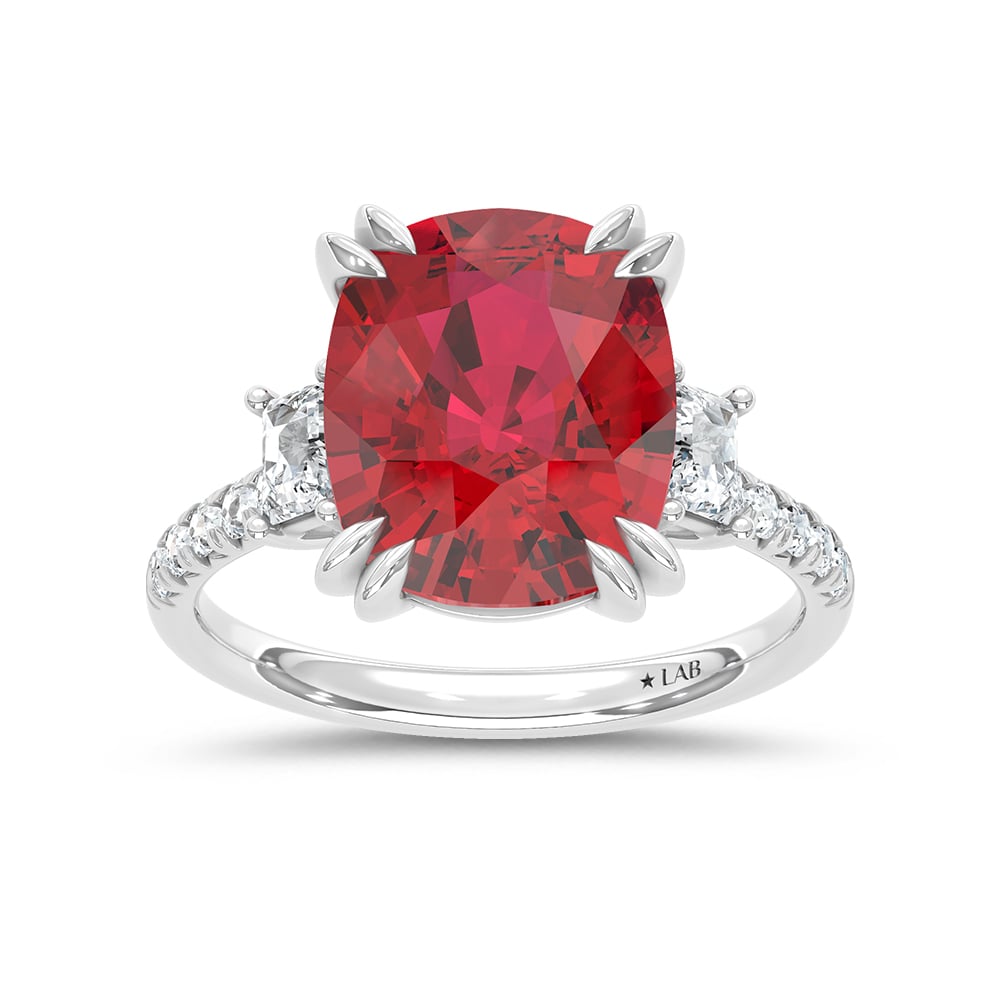 14K White Gold Lab Grown Diamond 8 7/8 Ct.Tw. Cushion Shape Recrystalized Ruby Engagement Ring (Center 8 3/8 ct)