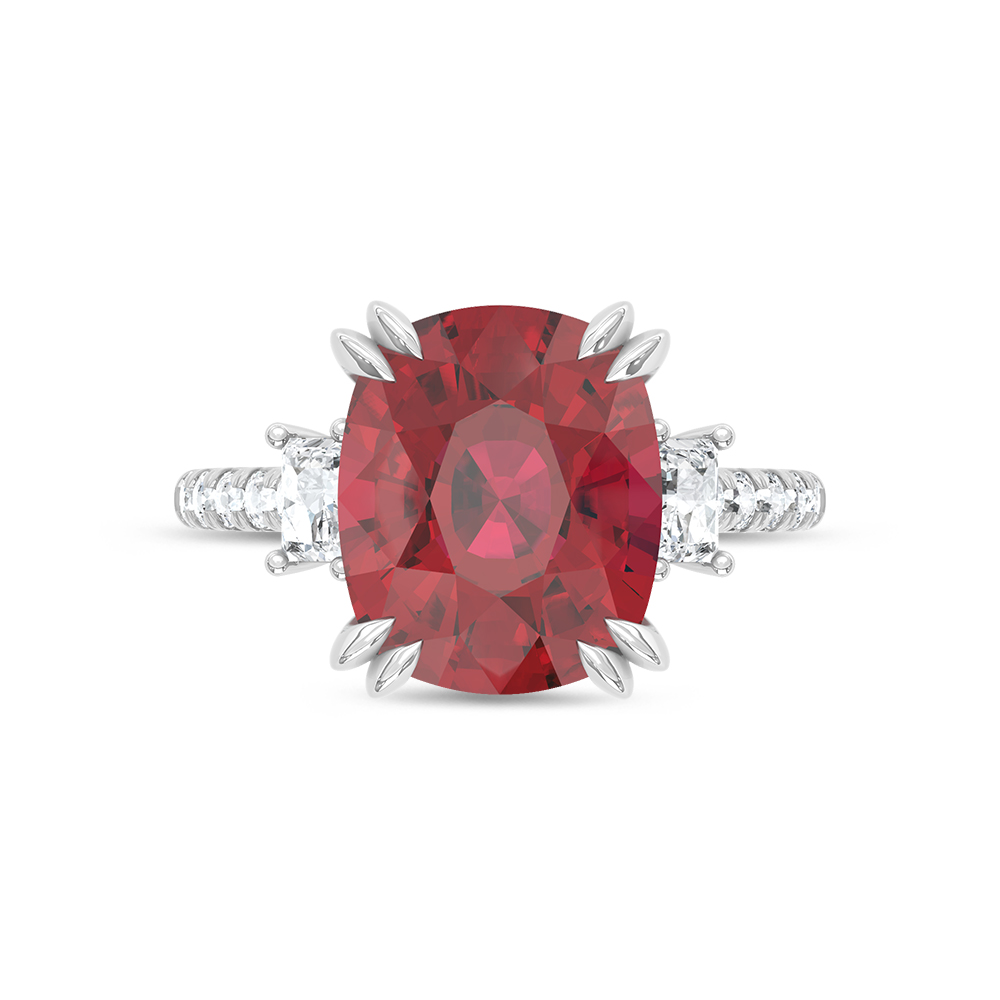14K White Gold Lab Grown Diamond 8 7/8 Ct.Tw. Cushion Shape Recrystalized Ruby Engagement Ring (Center 8 3/8 ct)