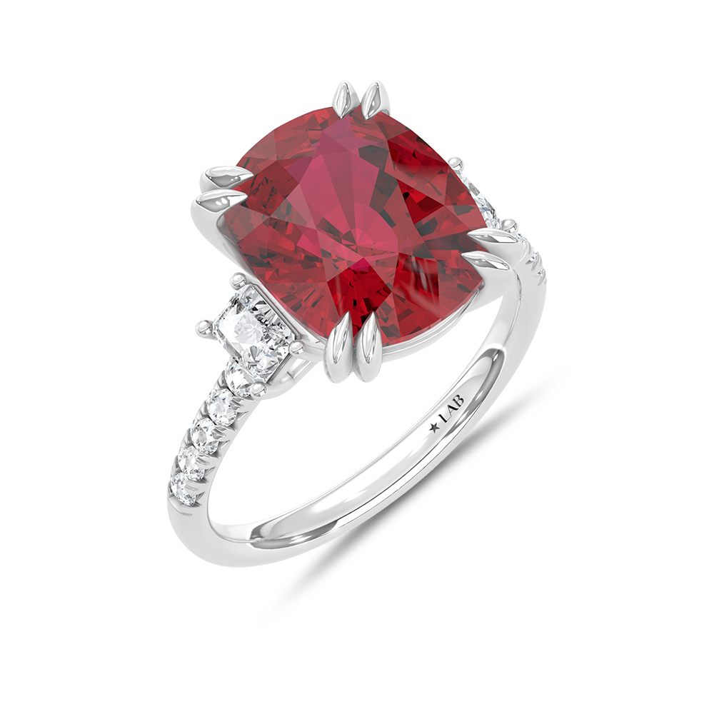 14K White Gold Lab Grown Diamond 8 7/8 Ct.Tw. Cushion Shape Recrystalized Ruby Engagement Ring (Center 8 3/8 ct)