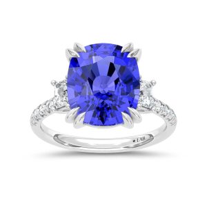 14K White Gold Lab Grown Diamond 8 7/8 Ct.Tw. Cushion Shape Recrystalized Blue Sapphire Engagement Ring (Center 8 3/8 ct)