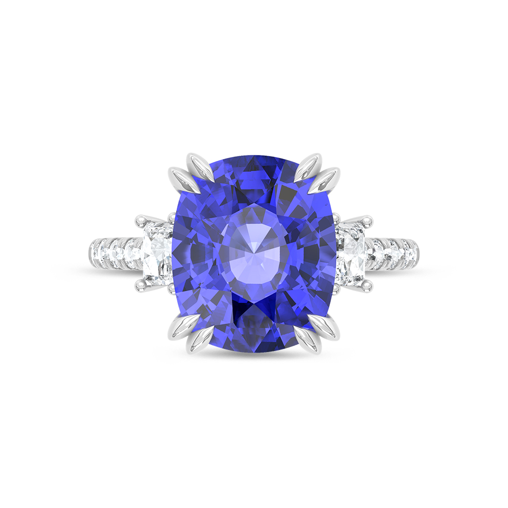 14K White Gold Lab Grown Diamond 8 7/8 Ct.Tw. Cushion Shape Recrystalized Blue Sapphire Engagement Ring (Center 8 3/8 ct)