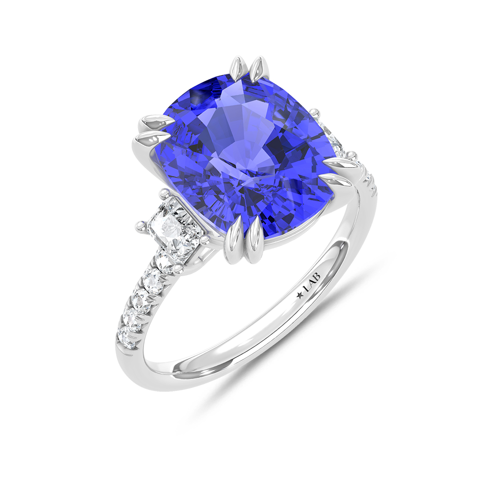 14K White Gold Lab Grown Diamond 8 7/8 Ct.Tw. Cushion Shape Recrystalized Blue Sapphire Engagement Ring (Center 8 3/8 ct)