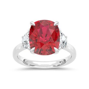 14K White Gold Lab Grown Diamond 6 Ct.Tw. Cushion Shape Recrystalized Ruby Engagement Ring (Center 5 1/2 ct)