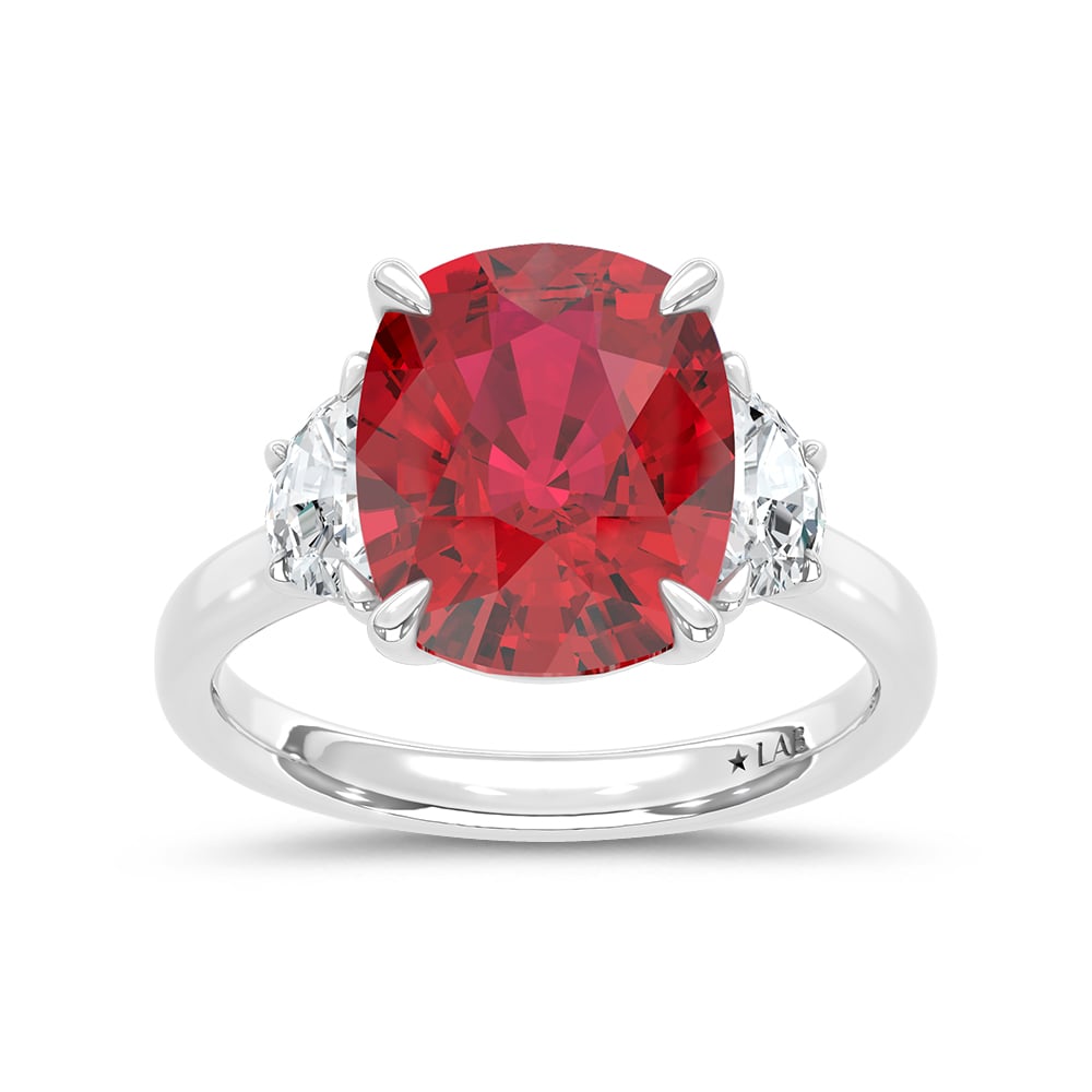 14K White Gold Lab Grown Diamond 6 Ct.Tw. Cushion Shape Recrystalized Ruby Engagement Ring (Center 5 1/2 ct)