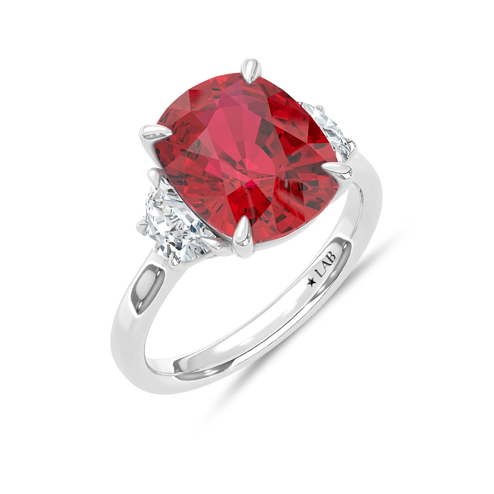14K White Gold Lab Grown Diamond 6 Ct.Tw. Cushion Shape Recrystalized Ruby Engagement Ring (Center 5 1/2 ct)