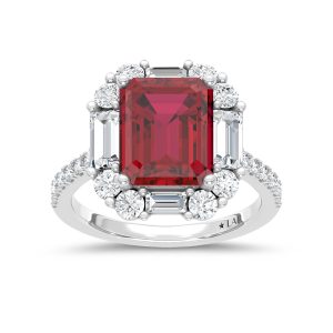 14K White Gold Lab Grown Diamond 6 Ct.Tw. Cushion Shape Recrystalized Ruby Engagement Ring (Center 4 1/2 ct)