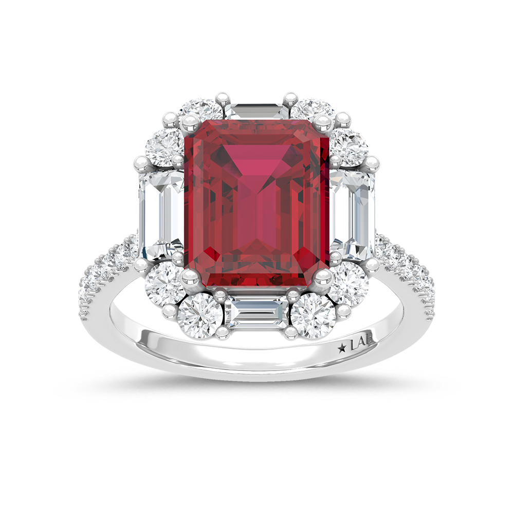 14K White Gold Lab Grown Diamond 6 Ct.Tw. Cushion Shape Recrystalized Ruby Engagement Ring (Center 4 1/2 ct)