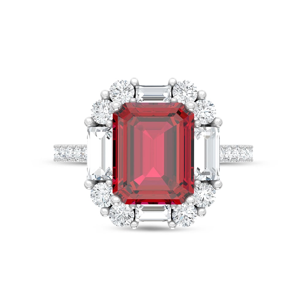 14K White Gold Lab Grown Diamond 6 Ct.Tw. Cushion Shape Recrystalized Ruby Engagement Ring (Center 4 1/2 ct)
