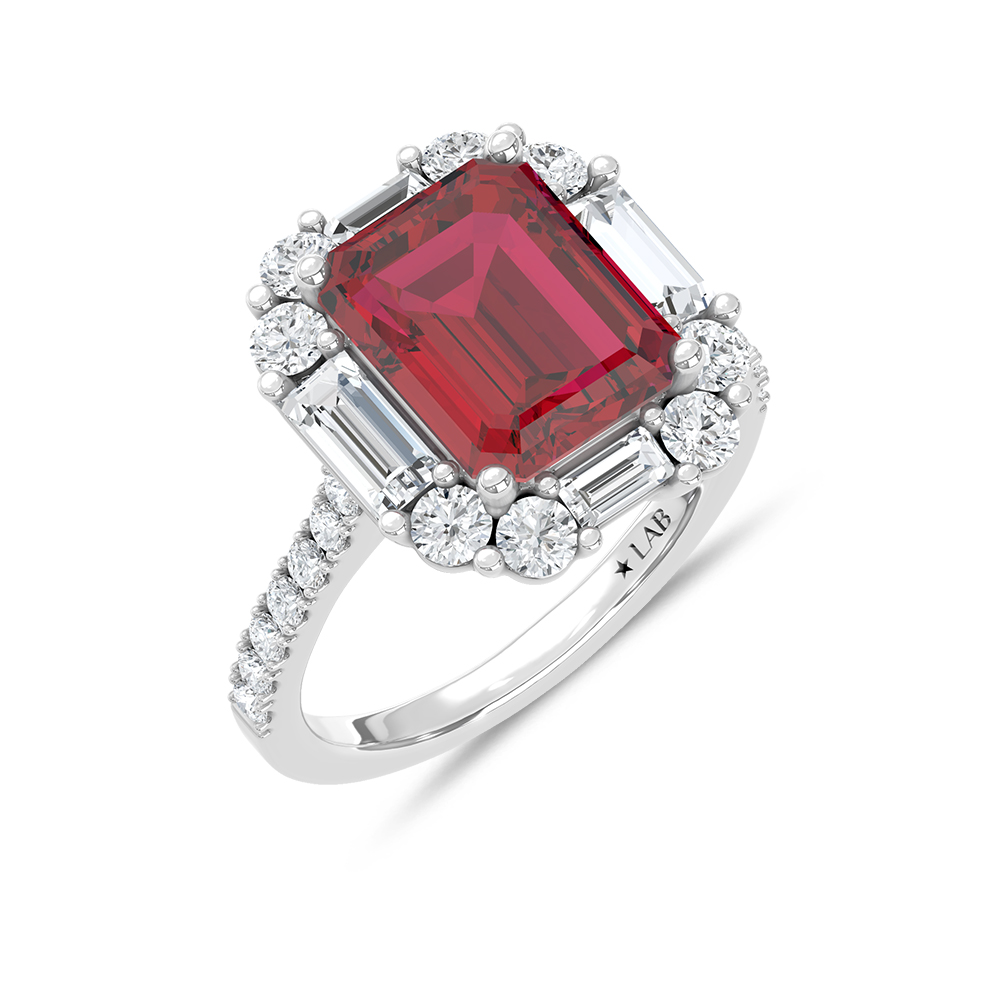 14K White Gold Lab Grown Diamond 6 Ct.Tw. Cushion Shape Recrystalized Ruby Engagement Ring (Center 4 1/2 ct)