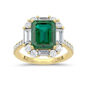 14K Yellow Gold Lab Grown Diamond 4 3/8 Ct.Tw. Cushion Shape Recrystalized Emerald Engagement Ring (Center 3 ct)