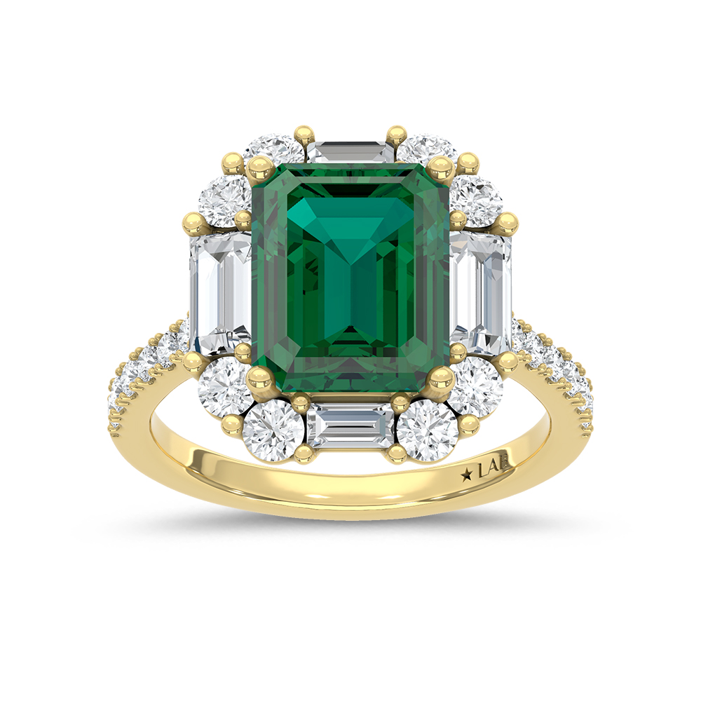 14K Yellow Gold Lab Grown Diamond 4 3/8 Ct.Tw. Cushion Shape Recrystalized Emerald Engagement Ring (Center 3 ct)