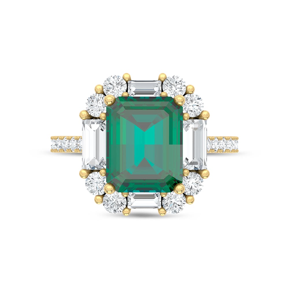 14K Yellow Gold Lab Grown Diamond 4 3/8 Ct.Tw. Cushion Shape Recrystalized Emerald Engagement Ring (Center 3 ct)