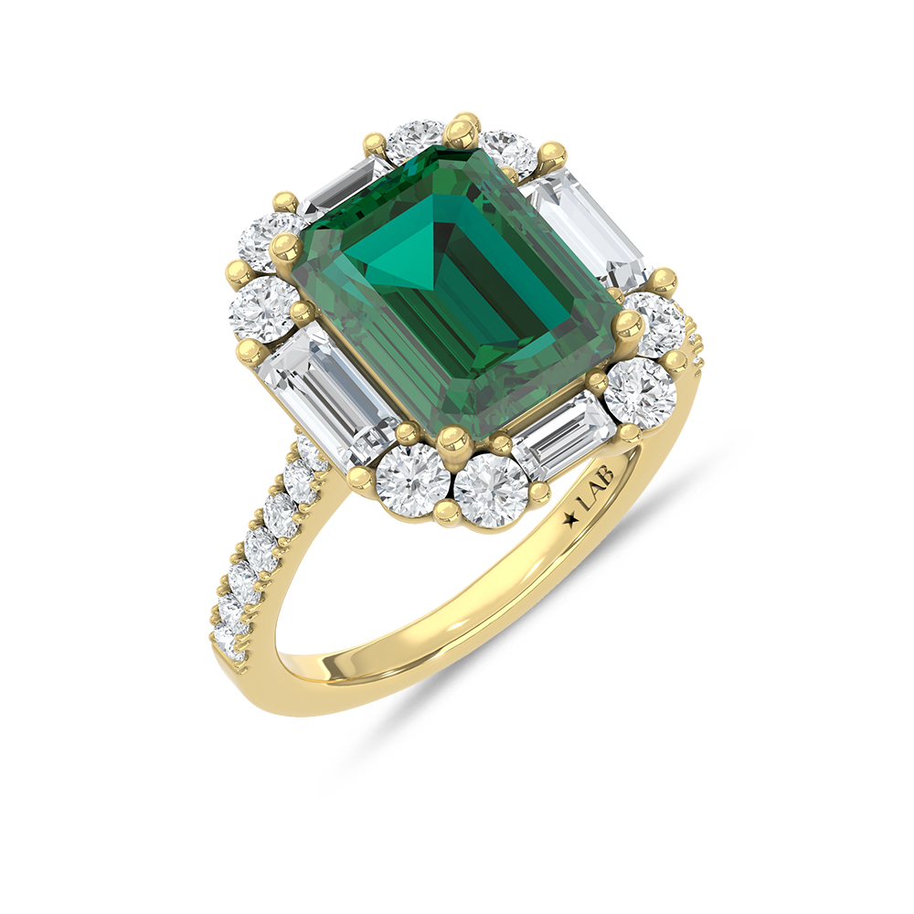14K Yellow Gold Lab Grown Diamond 4 3/8 Ct.Tw. Cushion Shape Recrystalized Emerald Engagement Ring (Center 3 ct)