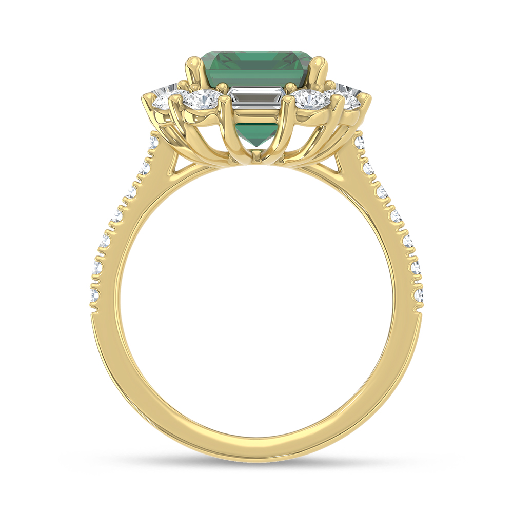 14K Yellow Gold Lab Grown Diamond 4 3/8 Ct.Tw. Cushion Shape Recrystalized Emerald Engagement Ring (Center 3 ct)