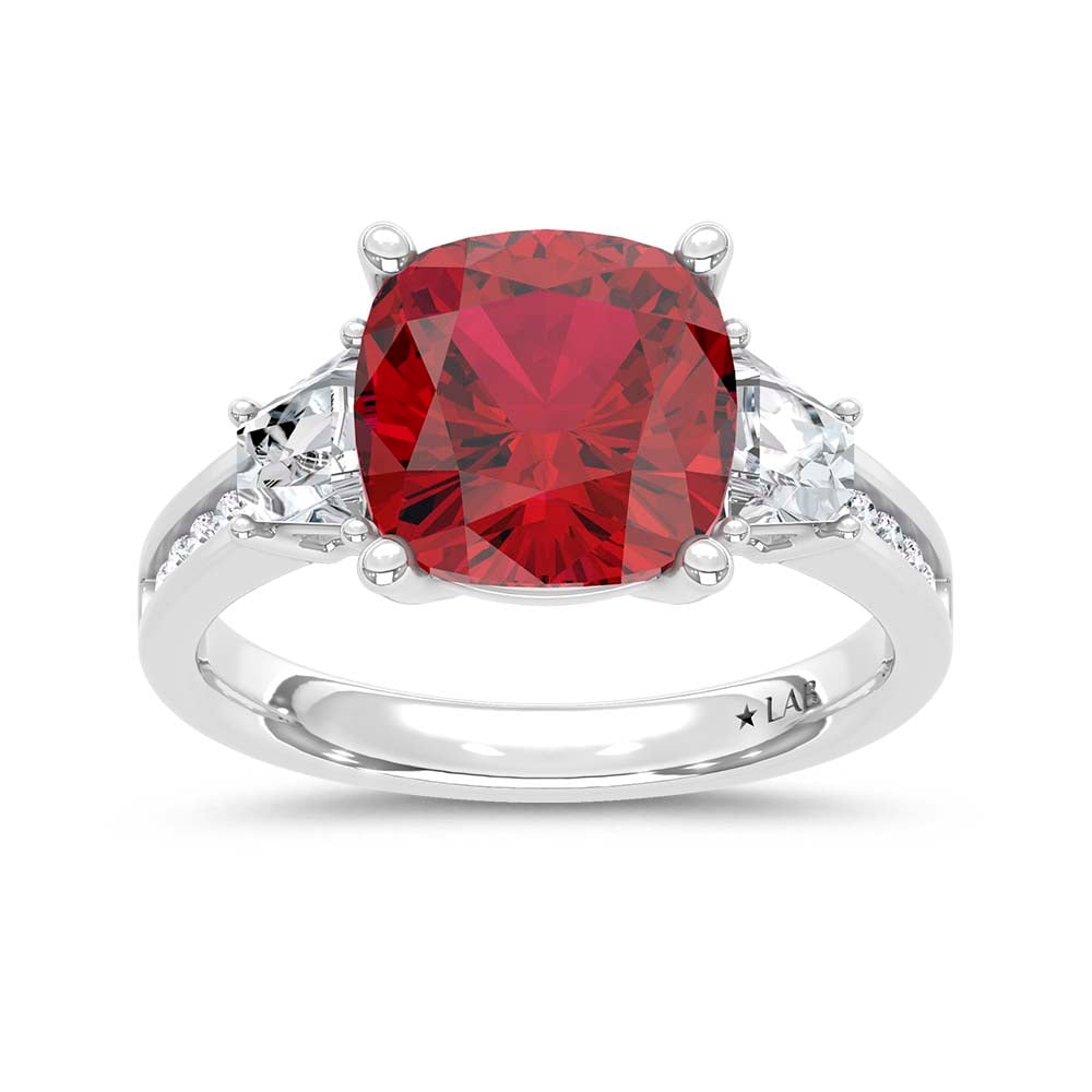 14K White Gold Lab Grown Diamond 5 1/4 Ct.Tw. Cushion Shape Recrystalized Ruby Engagement Ring (Center 4 1/2 ct)