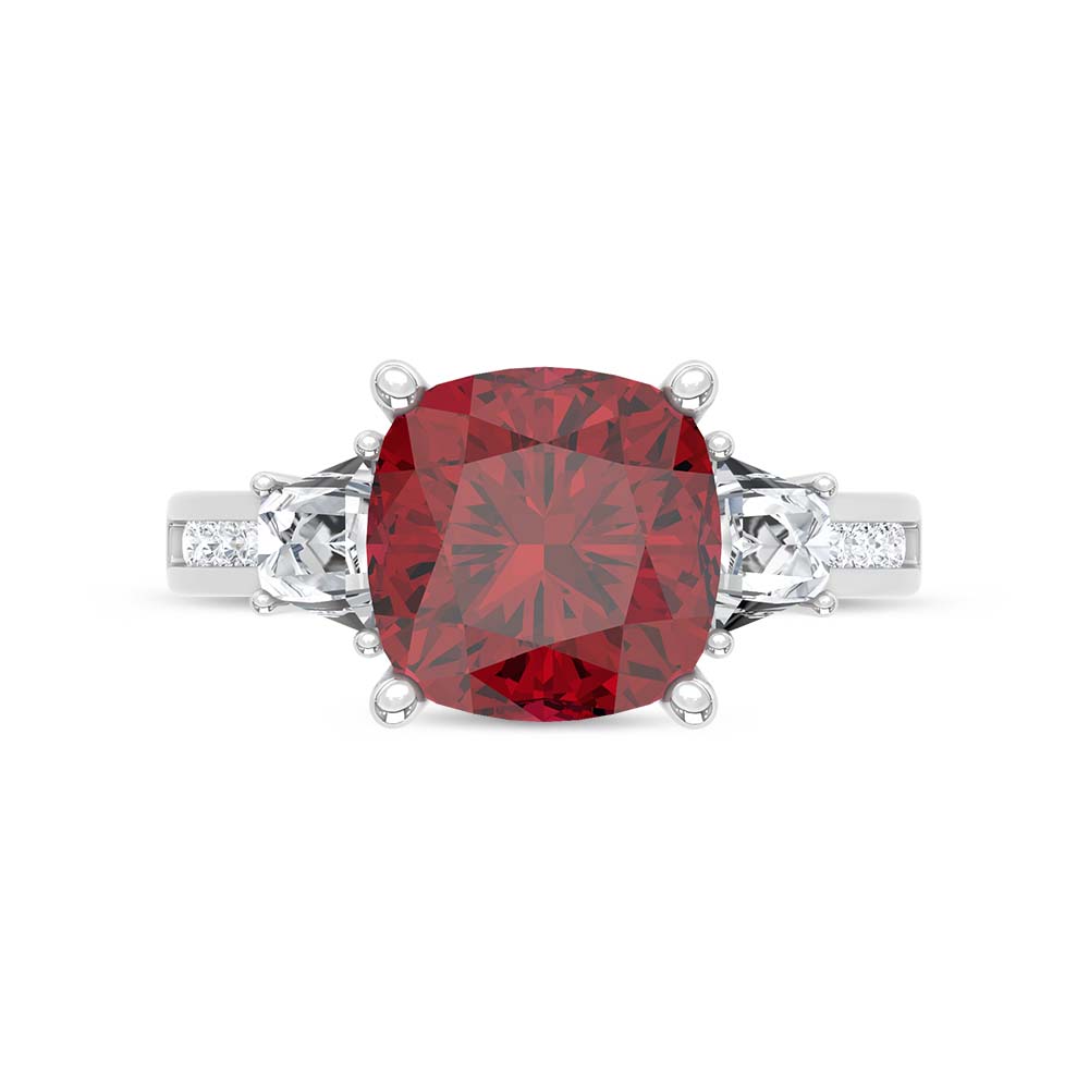 14K White Gold Lab Grown Diamond 5 1/4 Ct.Tw. Cushion Shape Recrystalized Ruby Engagement Ring (Center 4 1/2 ct)