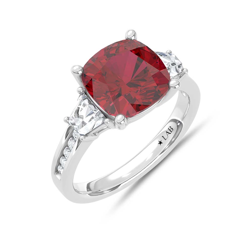 14K White Gold Lab Grown Diamond 5 1/4 Ct.Tw. Cushion Shape Recrystalized Ruby Engagement Ring (Center 4 1/2 ct)