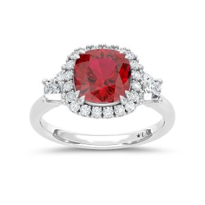 14K White Gold Lab Grown Diamond 3 1/2 Ct.Tw. Cushion Shape Recrystalized Ruby Engagement Ring (Center 2 3/4 ct)