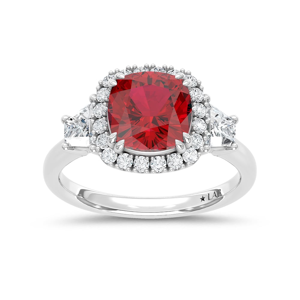 14K White Gold Lab Grown Diamond 3 1/2 Ct.Tw. Cushion Shape Recrystalized Ruby Engagement Ring (Center 2 3/4 ct)