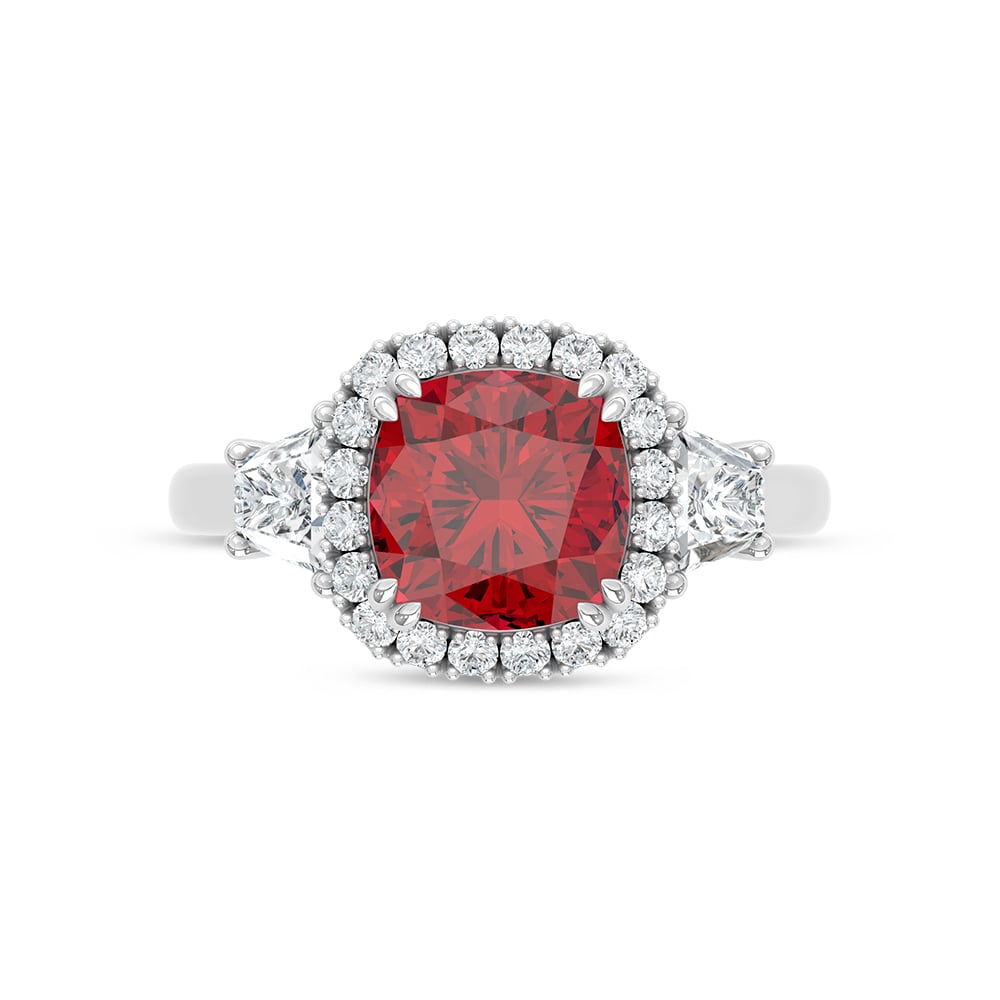 14K White Gold Lab Grown Diamond 3 1/2 Ct.Tw. Cushion Shape Recrystalized Ruby Engagement Ring (Center 2 3/4 ct)