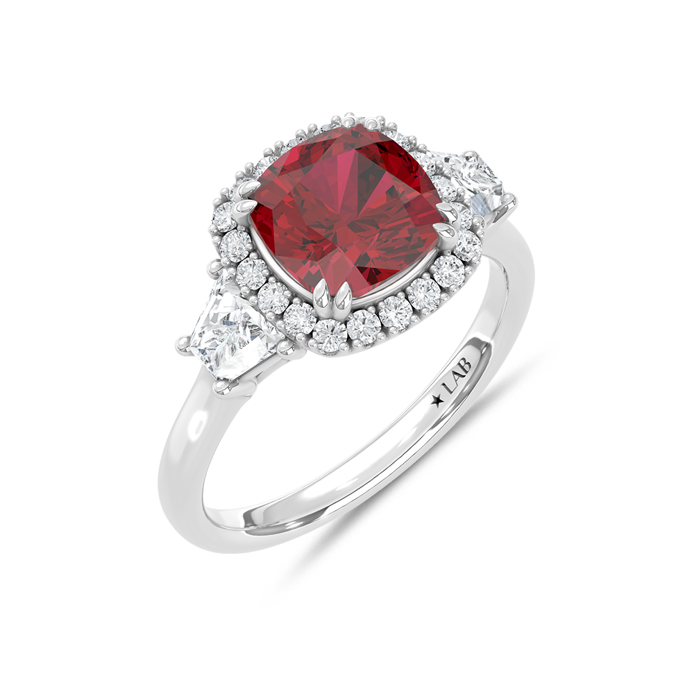 14K White Gold Lab Grown Diamond 3 1/2 Ct.Tw. Cushion Shape Recrystalized Ruby Engagement Ring (Center 2 3/4 ct)