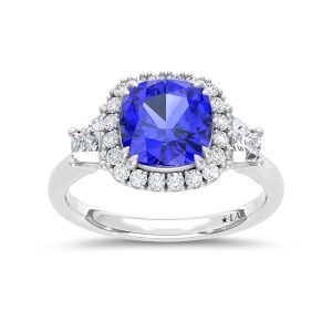 14K White Gold Lab Grown Diamond 3 1/2 Ct.Tw. Cushion Shape Recrystalized Blue Sapphire Engagement Ring (Center 2 3/4 ct)