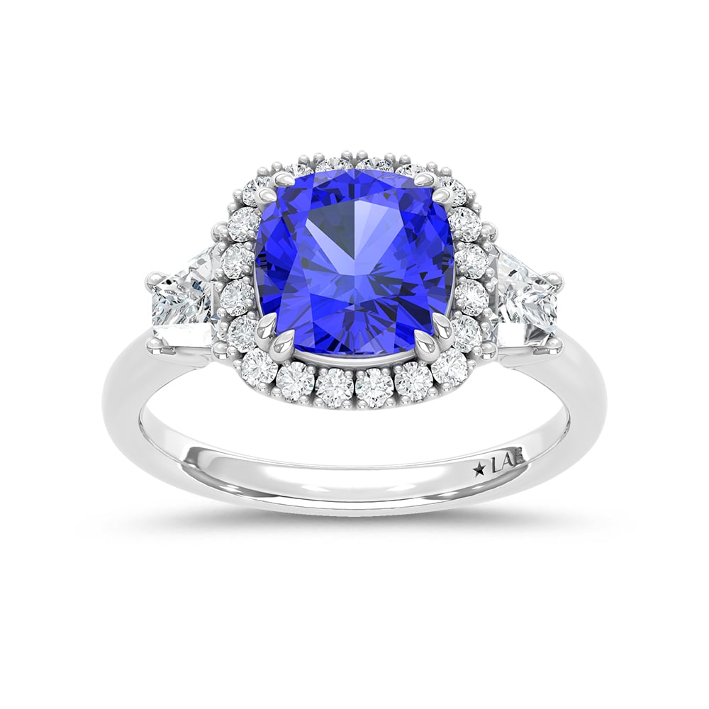 14K White Gold Lab Grown Diamond 3 1/2 Ct.Tw. Cushion Shape Recrystalized Blue Sapphire Engagement Ring (Center 2 3/4 ct)