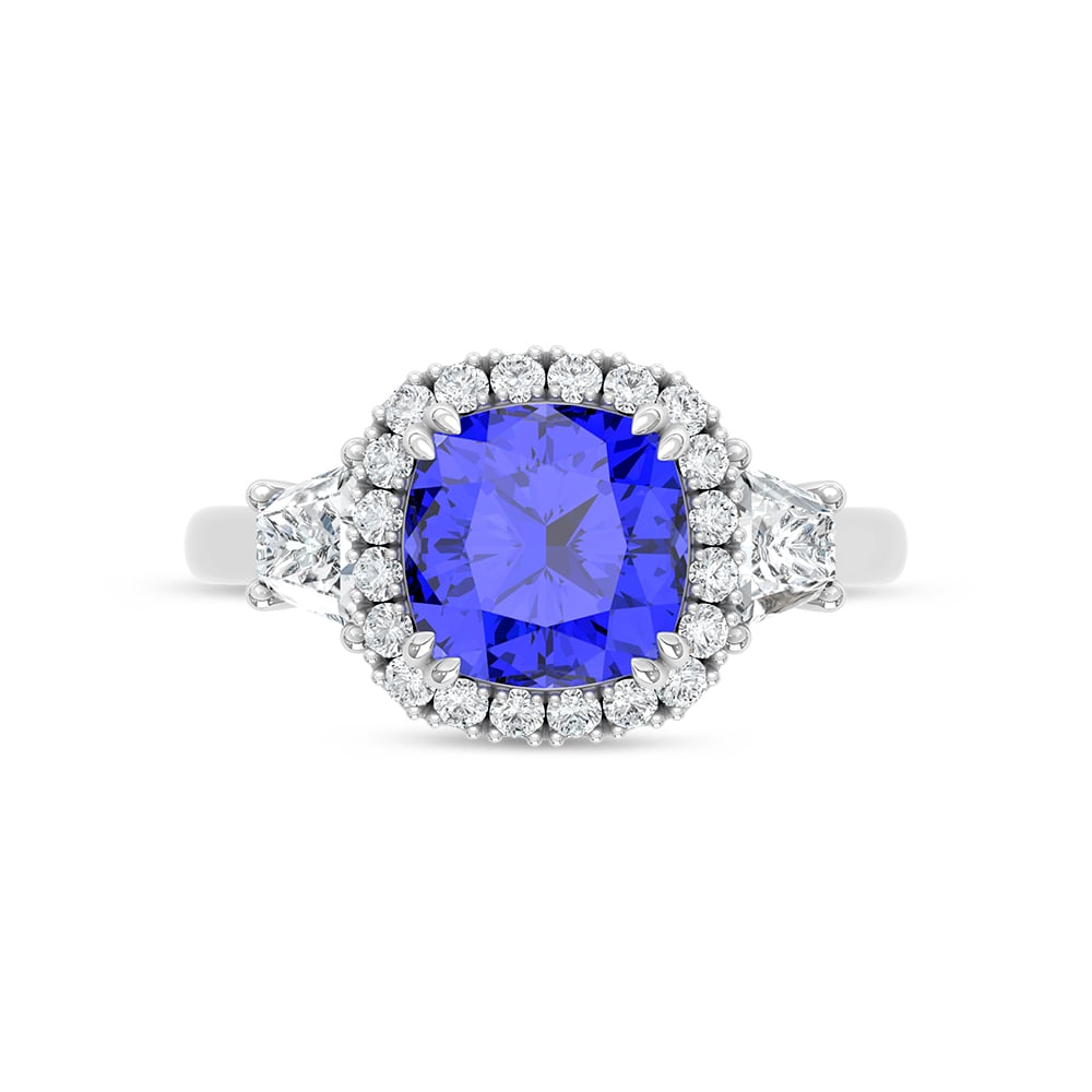 14K White Gold Lab Grown Diamond 3 1/2 Ct.Tw. Cushion Shape Recrystalized Blue Sapphire Engagement Ring (Center 2 3/4 ct)