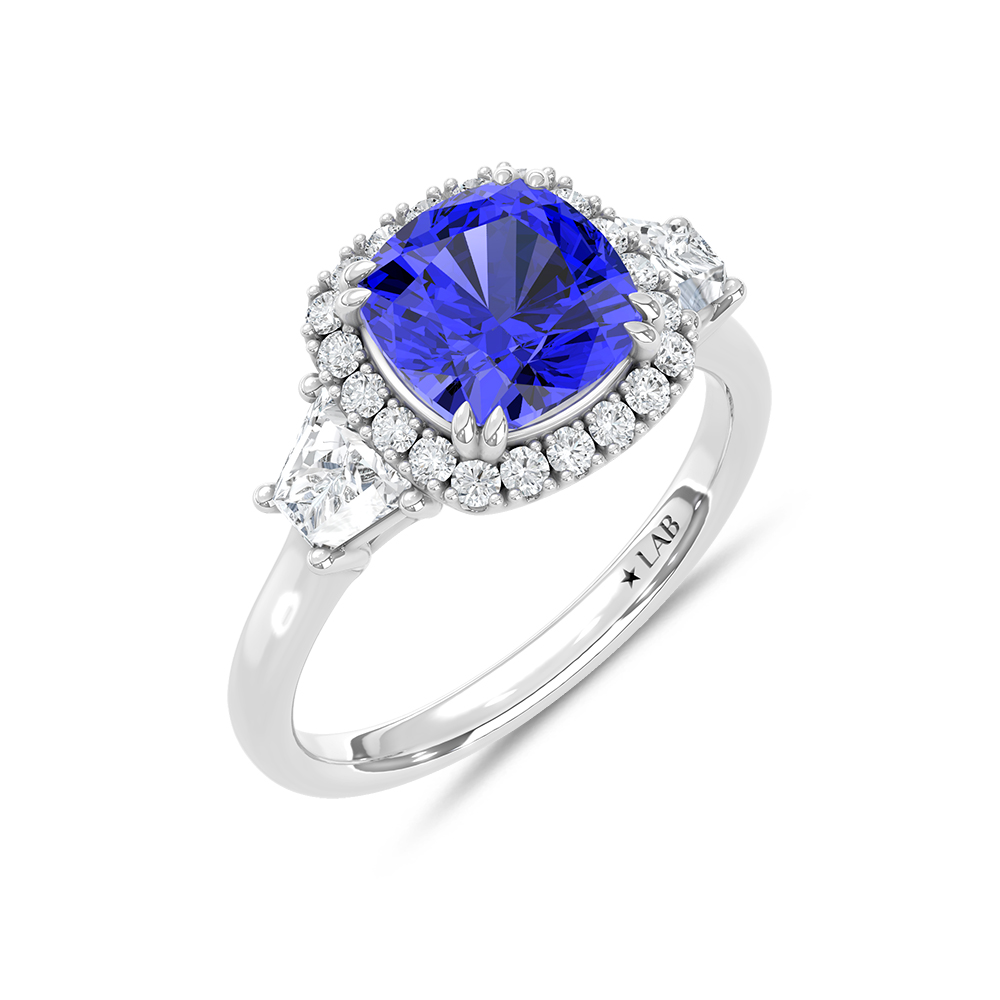 14K White Gold Lab Grown Diamond 3 1/2 Ct.Tw. Cushion Shape Recrystalized Blue Sapphire Engagement Ring (Center 2 3/4 ct)