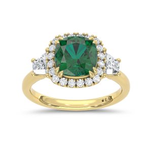 14K Yellow Gold Lab Grown Diamond 2 3/4 Ct.Tw. Cushion Shape Recrystalized Emerald Engagement Ring (Center 2 ct)
