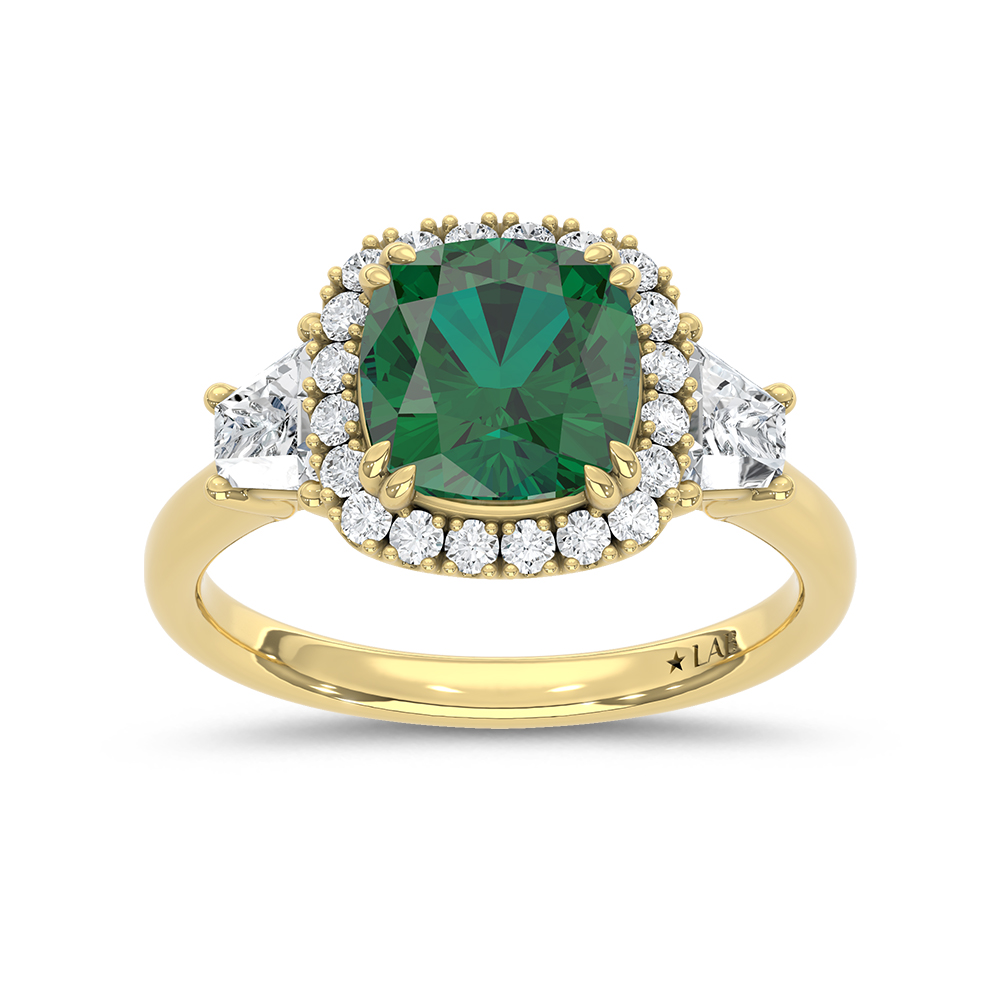 14K Yellow Gold Lab Grown Diamond 2 3/4 Ct.Tw. Cushion Shape Recrystalized Emerald Engagement Ring (Center 2 ct)