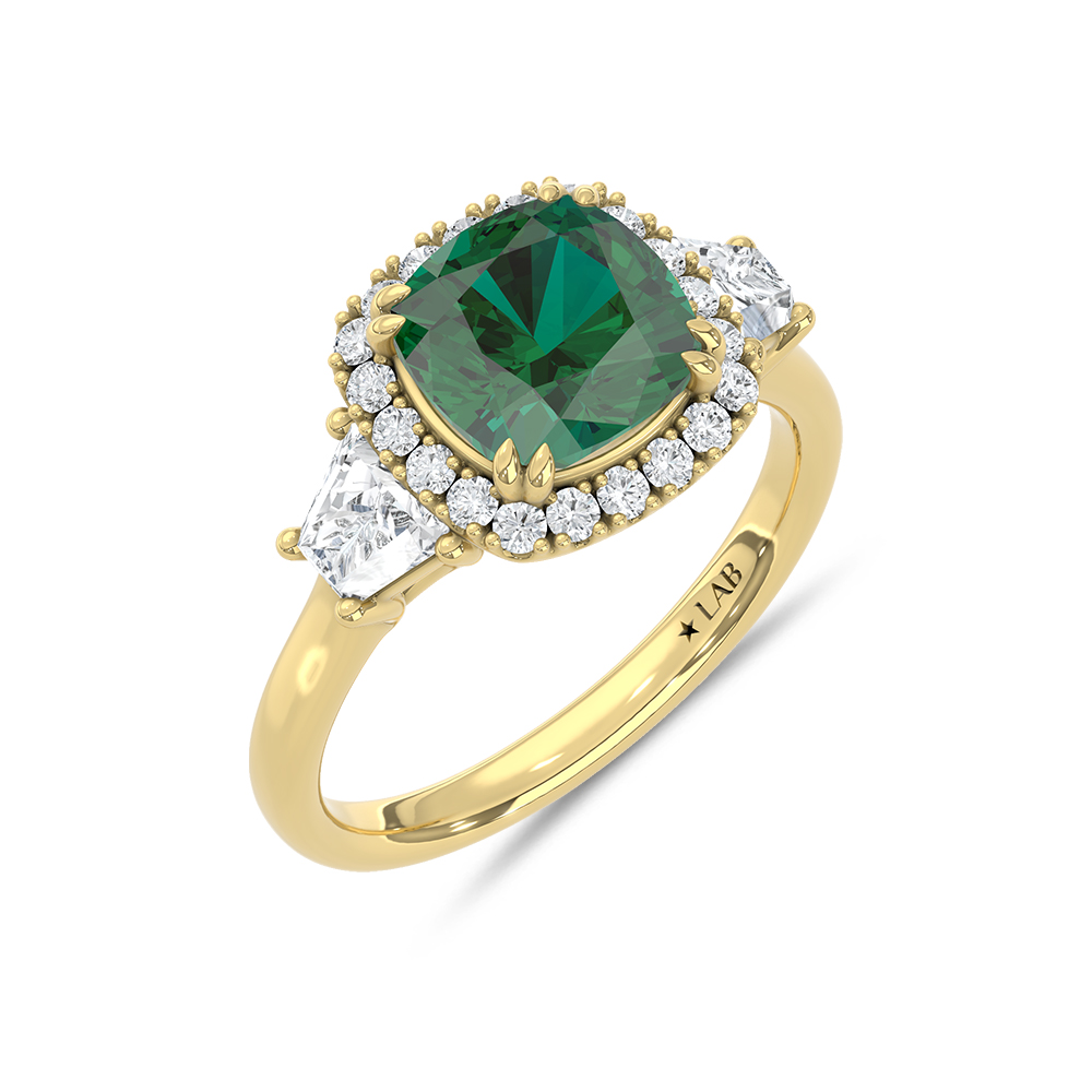 14K Yellow Gold Lab Grown Diamond 2 3/4 Ct.Tw. Cushion Shape Recrystalized Emerald Engagement Ring (Center 2 ct)
