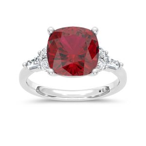 14K White Gold Lab Grown Diamond 4 7/8 Ct.Tw. Cushion Shape Recrystalized Ruby Engagement Ring (Center 4 1/2 ct)