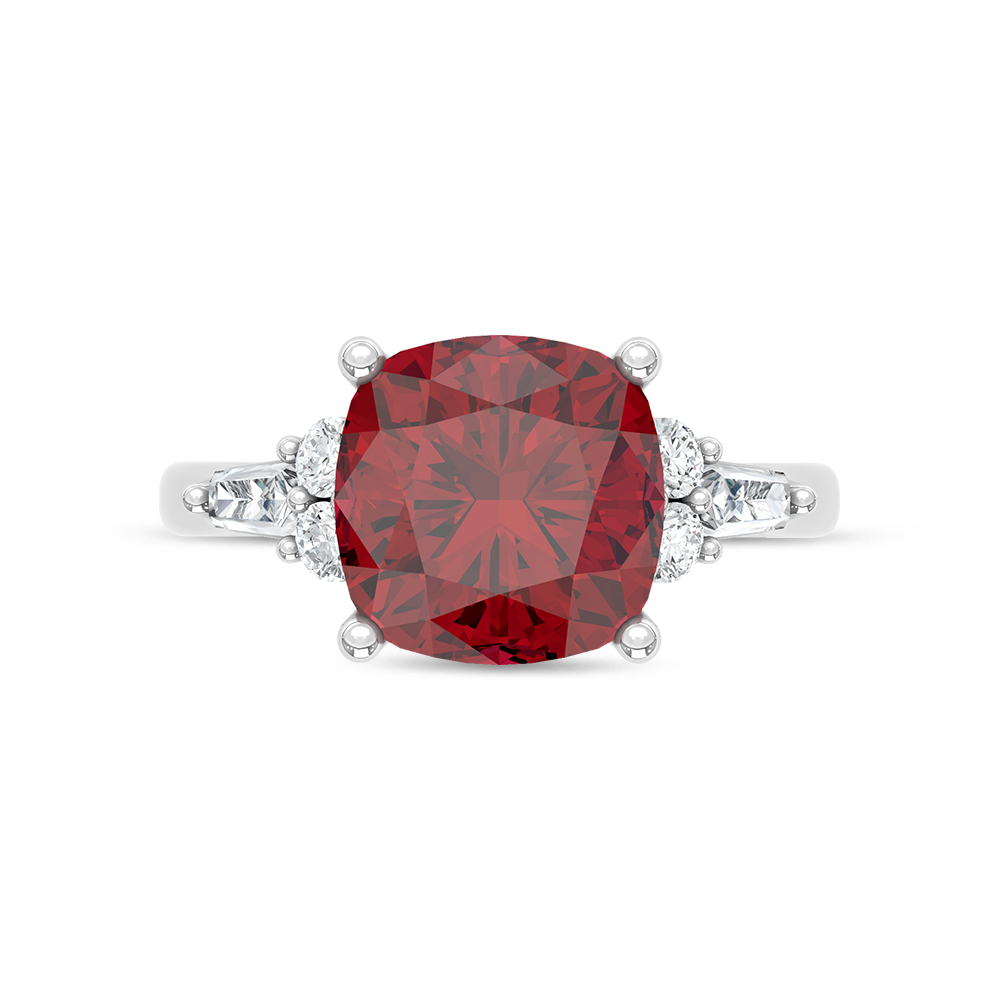 14K White Gold Lab Grown Diamond 4 7/8 Ct.Tw. Cushion Shape Recrystalized Ruby Engagement Ring (Center 4 1/2 ct)