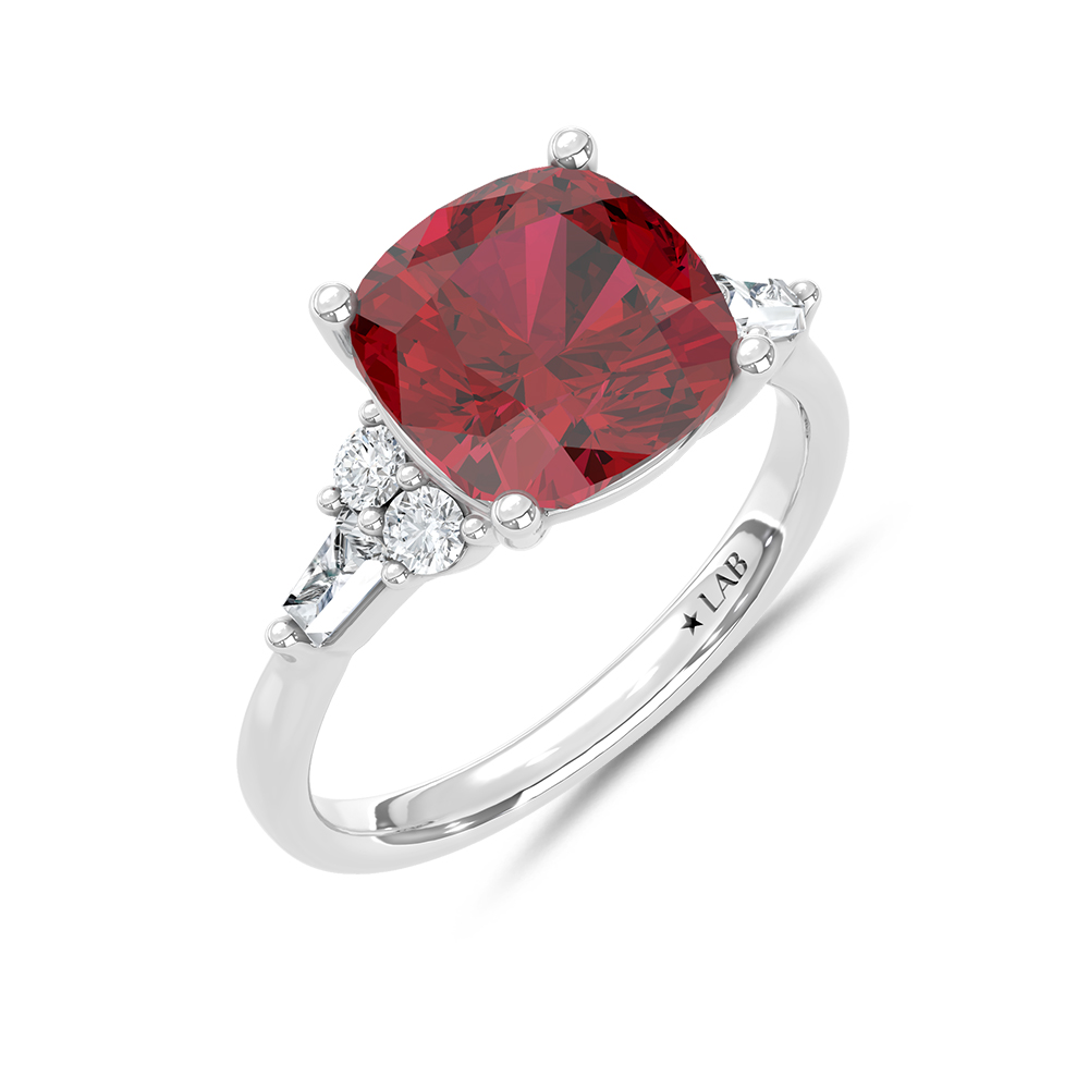14K White Gold Lab Grown Diamond 4 7/8 Ct.Tw. Cushion Shape Recrystalized Ruby Engagement Ring (Center 4 1/2 ct)