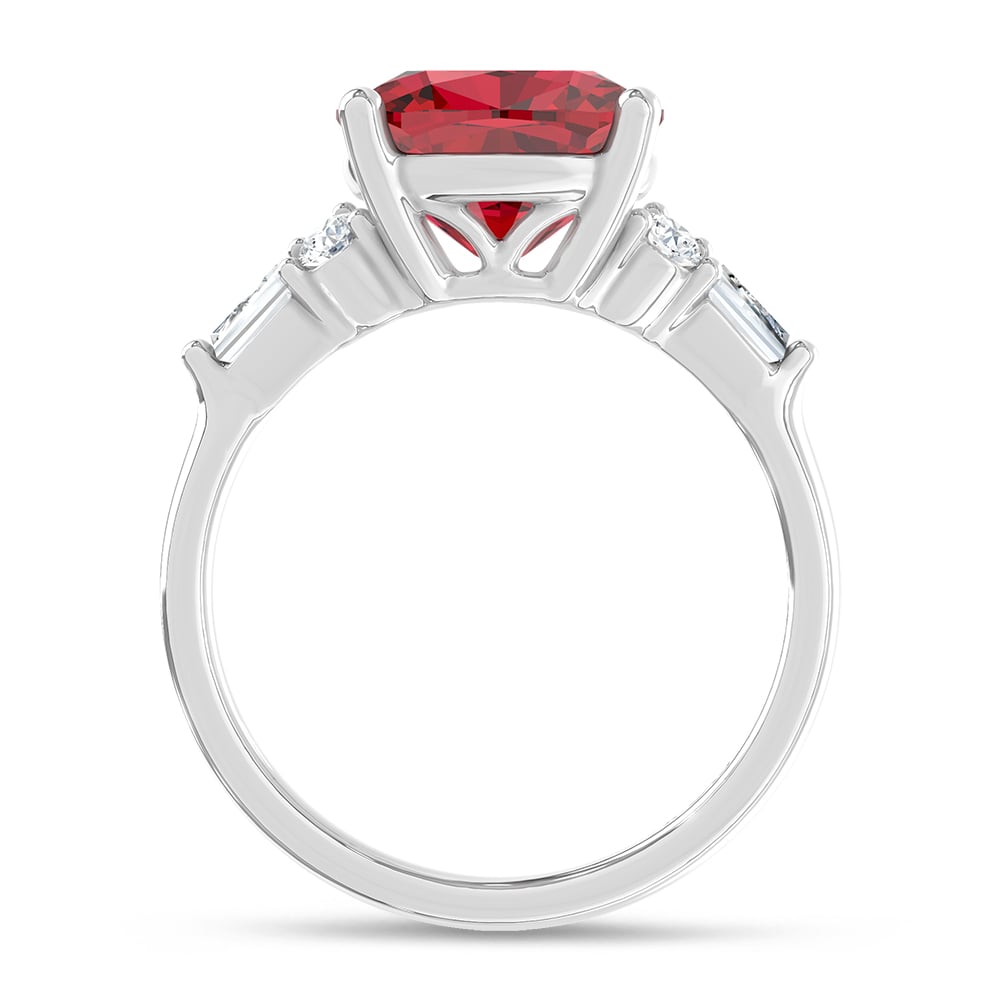 14K White Gold Lab Grown Diamond 4 7/8 Ct.Tw. Cushion Shape Recrystalized Ruby Engagement Ring (Center 4 1/2 ct)