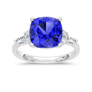 14K White Gold Lab Grown Diamond 4 7/8 Ct.Tw. Cushion Shape Recrystalized Blue Sapphire Engagement Ring (Center 4 1/2 ct)