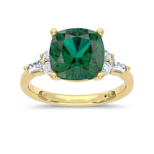 14K Yellow Gold Lab Grown Diamond 3 1/3 Ct.Tw. Cushion Shape Recrystalized Emerald Engagement Ring (Center 3 ct)