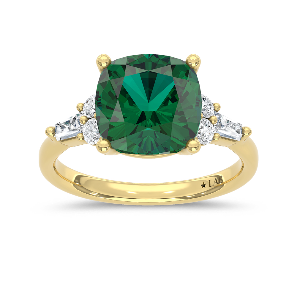 14K Yellow Gold Lab Grown Diamond 3 1/3 Ct.Tw. Cushion Shape Recrystalized Emerald Engagement Ring (Center 3 ct)