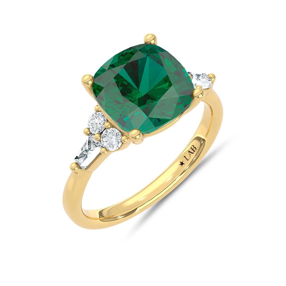 14K Yellow Gold Lab Grown Diamond 3 1/3 Ct.Tw. Cushion Shape Recrystalized Emerald Engagement Ring (Center 3 ct)