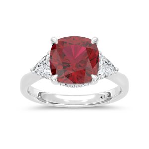 14K White Gold Lab Grown Diamond 5 1/5 Ct.Tw. Cushion Shape Recrystalized Ruby Engagement Ring (Center 4 1/2 ct)