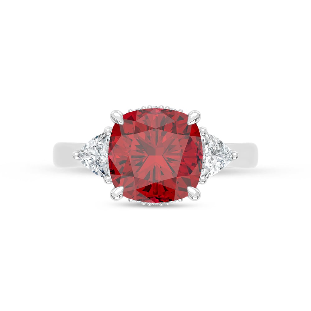 14K White Gold Lab Grown Diamond 5 1/5 Ct.Tw. Cushion Shape Recrystalized Ruby Engagement Ring (Center 4 1/2 ct)