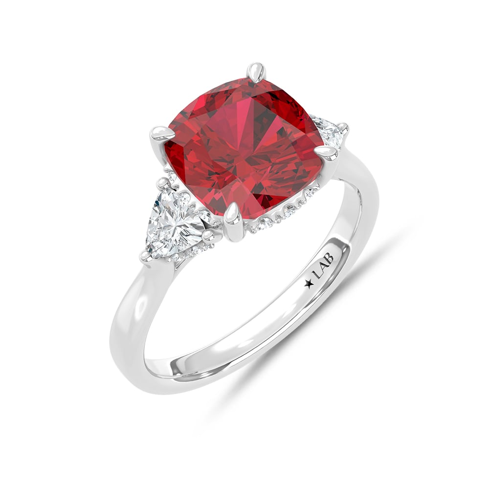 14K White Gold Lab Grown Diamond 5 1/5 Ct.Tw. Cushion Shape Recrystalized Ruby Engagement Ring (Center 4 1/2 ct)