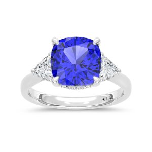 14K White Gold Lab Grown Diamond 5 1/5 Ct.Tw. Cushion Shape Recrystalized Blue Sapphire Engagement Ring (Center 4 1/2 ct)
